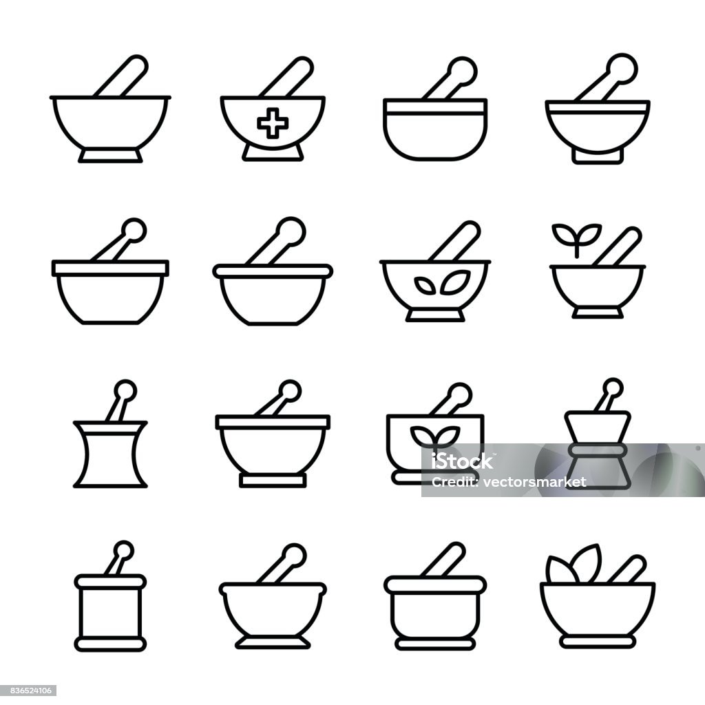 Medicine Bowl, Pharmacy Line Icons Set Here is Set Of Mortar And Pestle, Mortar, Pestle, Medicine, Medicine Bowl And Pharmacy Line Vector Icons this is perfect collection for physician or clinic where you use utilize these vectors. Mortar and Pestle stock vector