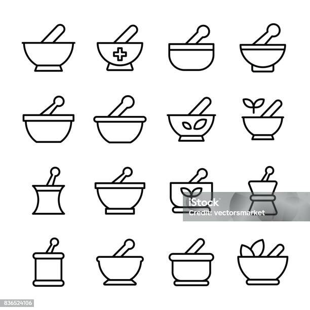 Medicine Bowl Pharmacy Line Icons Set Stock Illustration - Download Image Now - Mortar and Pestle, Aromatherapy, Bowl
