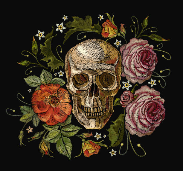 illustrazioni stock, clip art, cartoni animati e icone di tendenza di teschio da ricamo e rose rosse. dia de muertos, giorno dell'arte della morte. gothic romanntic ricamo teschi umani rose rosse e peonie rosa, modello di vestiti e t-shirt disegno vettoriale arte - skull tattoo vector flower