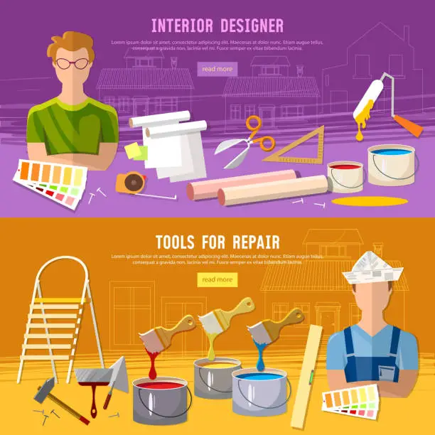 Vector illustration of House repair. Painter man work with roller banner. Painter paints walls, pastes wall wall-paper. Professional instrument of painter. Planning and design of home repair