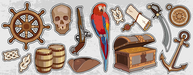 Pirate vintage elemets. Adventure stories background. Treasure chest parrot steering wheel skull rum saber pirate hat, pirate stickers