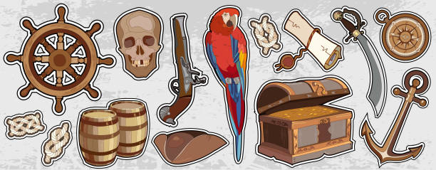 Pirate vintage elemets. Adventure stories background. Treasure chest parrot steering wheel skull rum saber pirate hat, pirate stickers Pirate vintage elemets. Adventure stories background. Treasure chest parrot steering wheel skull rum saber pirate hat, pirate stickers treasure island map stock illustrations