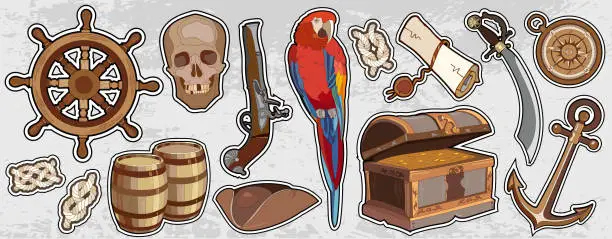 Vector illustration of Pirate vintage elemets. Adventure stories background. Treasure chest parrot steering wheel skull rum saber pirate hat, pirate stickers