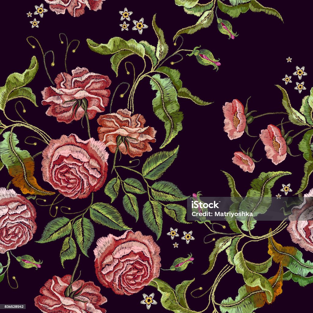 Roses Embroidery Seamless Pattern Fashionable Template For Design