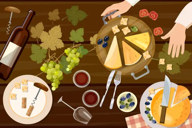 Vector illustration of Wine and cheese tasting top view wine bottle and grapes on wooden table vector illustration. Served table for romantic dinner. Tasting of wine and cheese