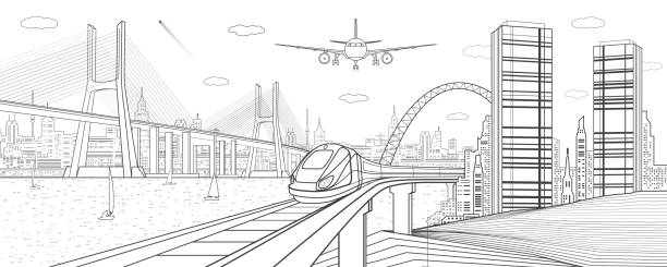 ilustrações de stock, clip art, desenhos animados e ícones de infrastructure and transport illustration. train move on railway. airplane fly. big cable-stayed bridge. modern night city, towers and skyscrapers. black lines on white background. vector design art - cable stayed bridge
