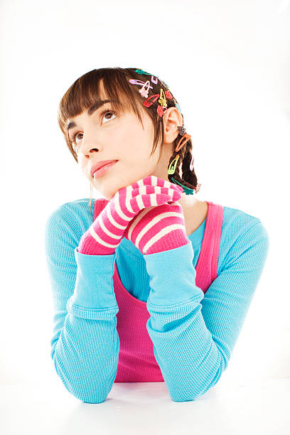 portrait of young woman wearing pink gloves - 11193 - fotografias e filmes do acervo