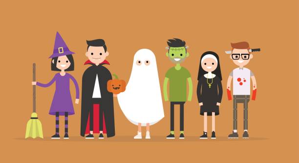 ilustraciones, imágenes clip art, dibujos animados e iconos de stock de conjunto de personajes de halloween: bruja, drácula, fantasma, frankenstein, monja, maníaca / plano editable vector ilustración, imágenes prediseñadas - linterna de halloween ilustraciones