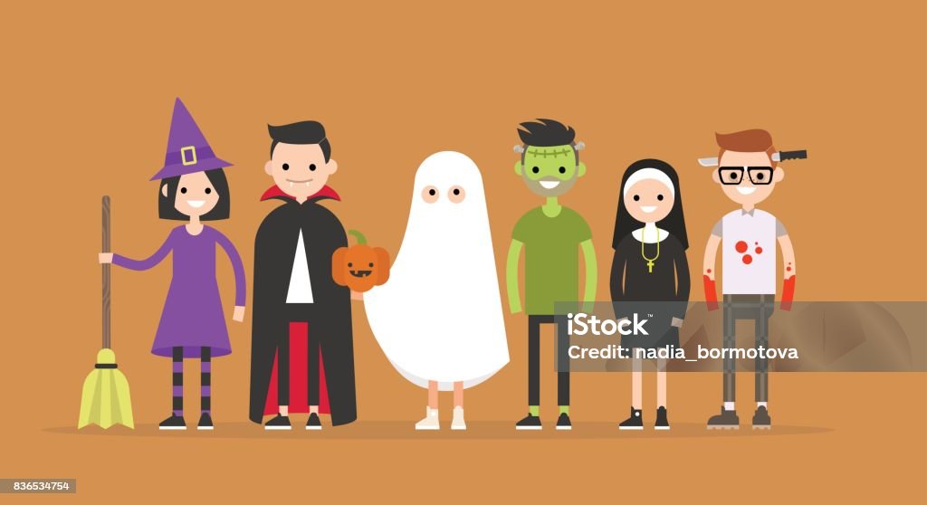 Set di personaggi di Halloween: strega, Dracula, fantasma, Frankenstein, suora, maniaco / illustrazione vettoriale modificabile piatta, ClipArt - arte vettoriale royalty-free di Halloween