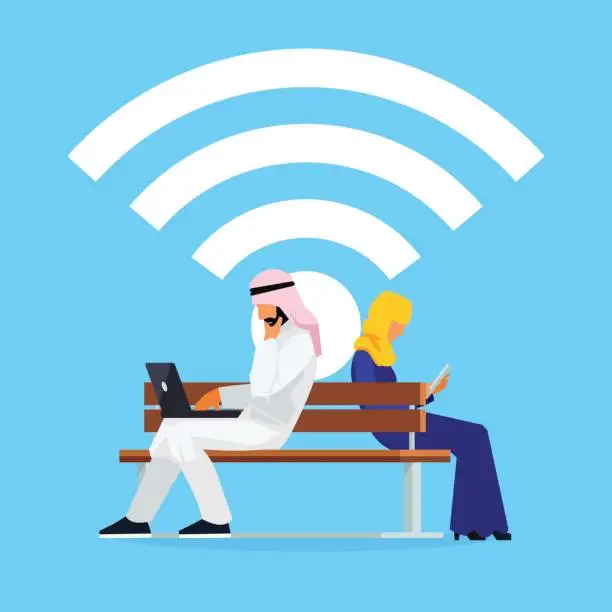 Vector illustration of Wi-Fi concept. Young Muslim couple in a flat style of sitting on the bench.