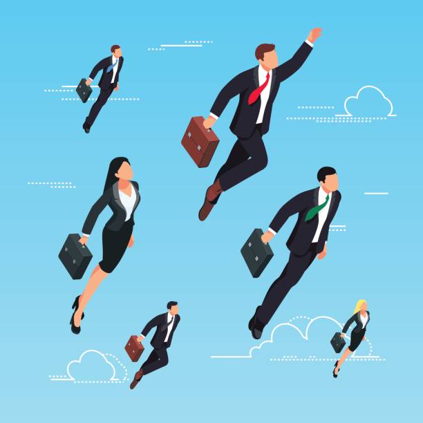 izometryczna koncepcja rozruchu. 3d biznesmeni latające w niebie jako superbohater. - superhero flying heroes business stock illustrations