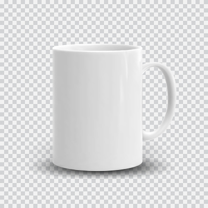 Photo realistic white cup isolated on plaid transparent background. Vector template for mock up. Drink mug vector illustration for your design and business