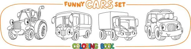 Vector illustration of Funny small cars with eyes. Coloring book set