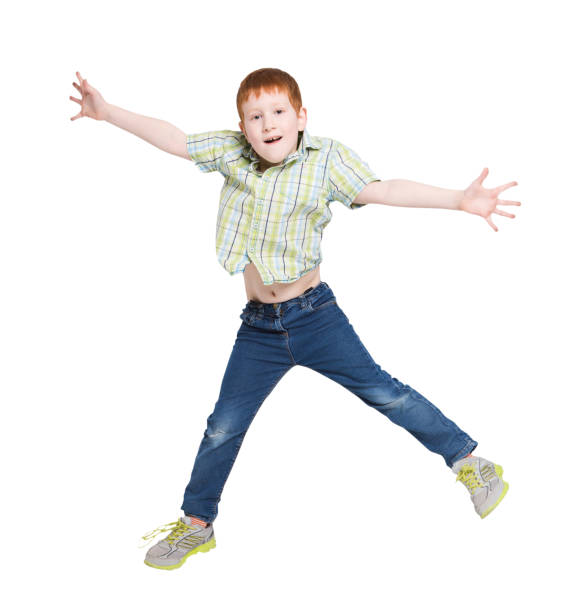 istock Happy laughing boy jumping on white isolated background 836548920