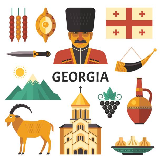 Georgia icons set. Vector collection of Georgian culture and symbols images, including Georgians Highlander, khinkali, khachapuri, Jug of Wine, Horn for Wine, dagger and flag. georgia flag country stock illustrations