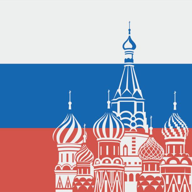 Moscow Saint Basil Cathedral illustration of Moscow Saint Basil Cathedral on background Russian flag kremlin stock illustrations
