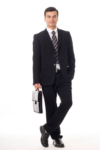 businessman holding briefcase isolated - back to front rear view men people ストックフォトと画像