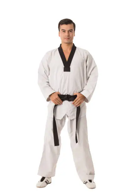 Taekwondo black belt isolated with white background.