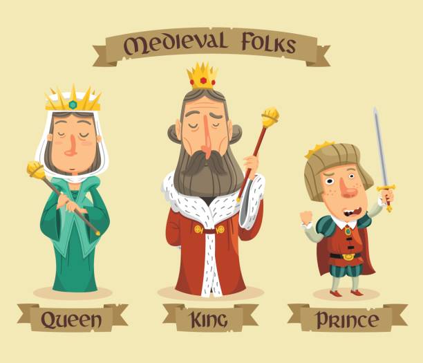 Medieval characters set Medieval royal family set: a king, a queen and their son, the prince. sceptre stock illustrations