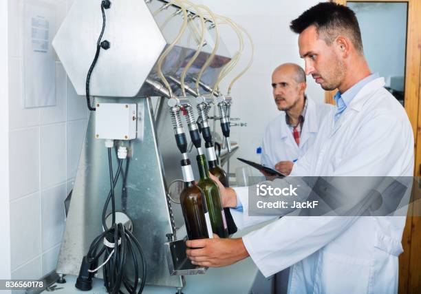 Portrait Of Male Winery Worker With Bottling Machinery On Factory Stock Photo - Download Image Now