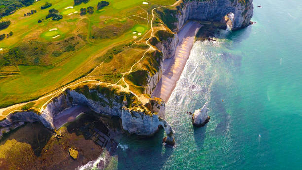 Aerial photo of the white chalk cliffs and arches in Etretat stock photo