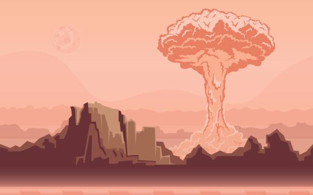 illustrazioni stock, clip art, cartoni animati e icone di tendenza di esplosione di bombe nucleari nel deserto. nuvola di funghi. illustrazione vettoriale. - test nucleare