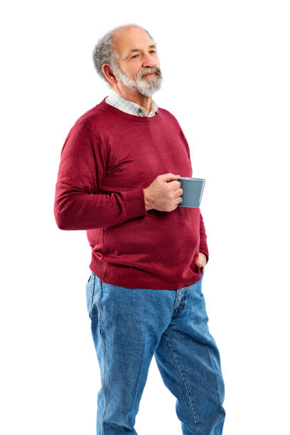 istock Elder man with coffee looking away and thinking over white 836562878