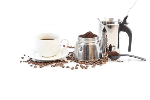 istock Stainless steel traditional percolator with black handle. Isolated on white background. 836563314