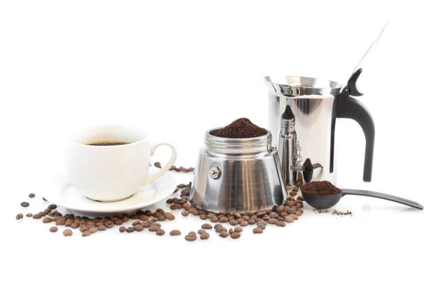 istock Stainless steel traditional percolator with black handle. Isolated on white background. 836563412