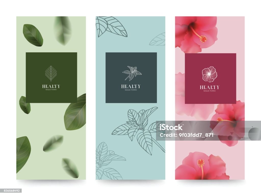 Fundo de natureza marca Packageing flor, voucher de bandeira, primavera verão tropical, ilustração vetorial - Vetor de Logotipo royalty-free