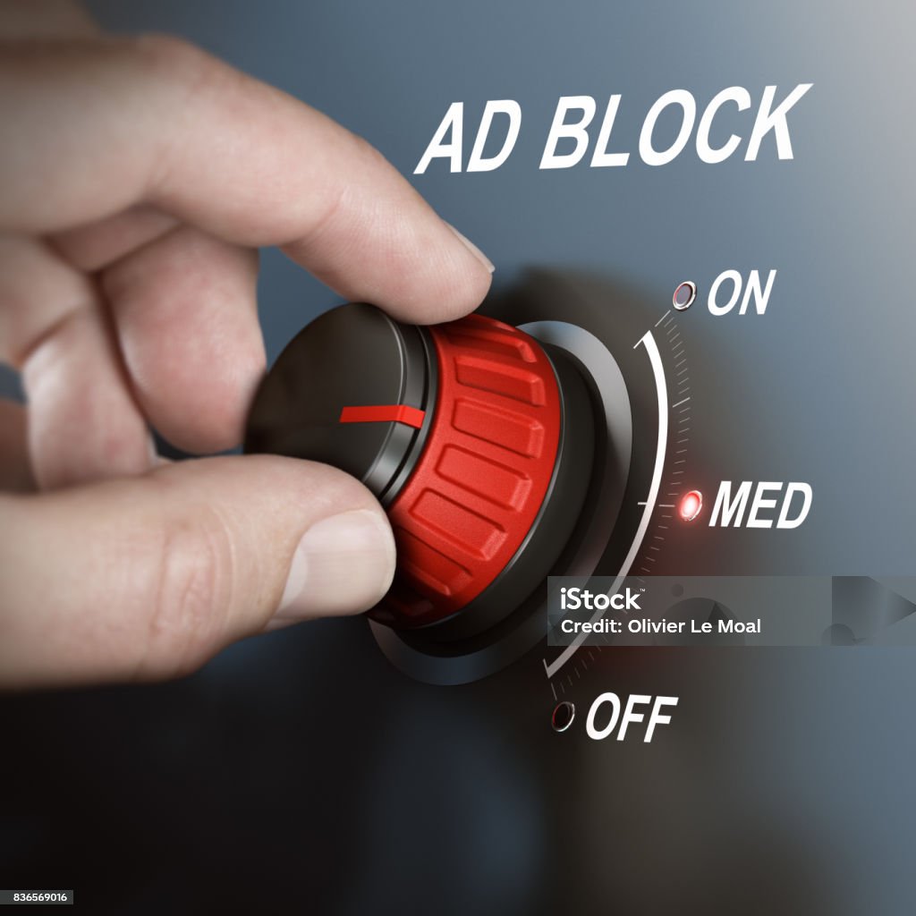 Ad Bloking, Content Filtering Hand turning content filtering switch to medium position. Ad blocker concept. Composite image between a hand photography and a 3D background. Adult Stock Photo