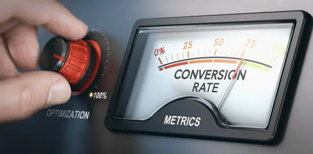 Hand turning optimization knob up to 100 percent and dial indicating conversion rate metrics. CRO concept. Composite image between a hand photography and a 3D background.