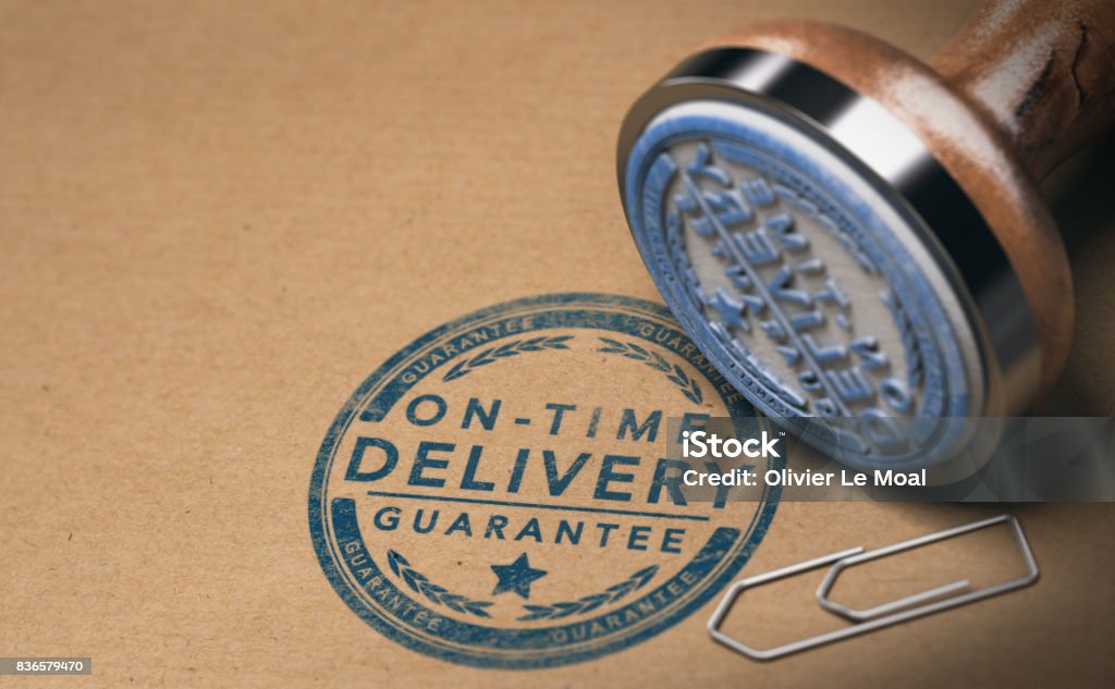 Courier Service, Image of On Time Delivery Guarantee Rubber stamp and on-time delivery guarantee mark on carton box, 3D illustration Delivering Stock Photo