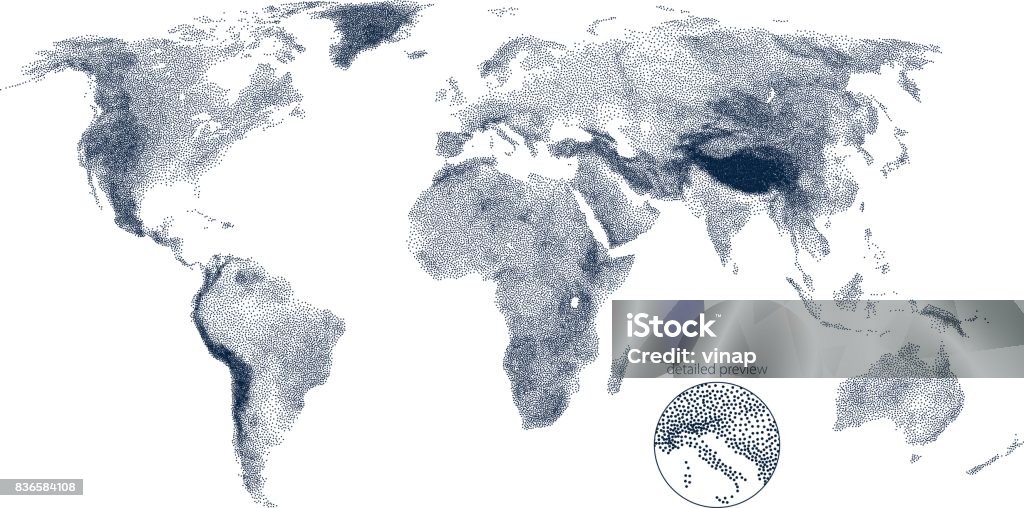 Stippled world relief vector map Vector stippled world relief map on a white background. World Map stock vector