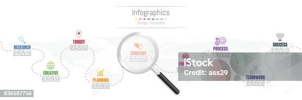 Infographic Design Elements For Your Business Data With 9 Options Parts Steps Timelines Or Processes And Transparent Magnifying Glassworld Map Of This Image Furnished By Nasa Vector Illustration Stock Illustration - Download Image Now