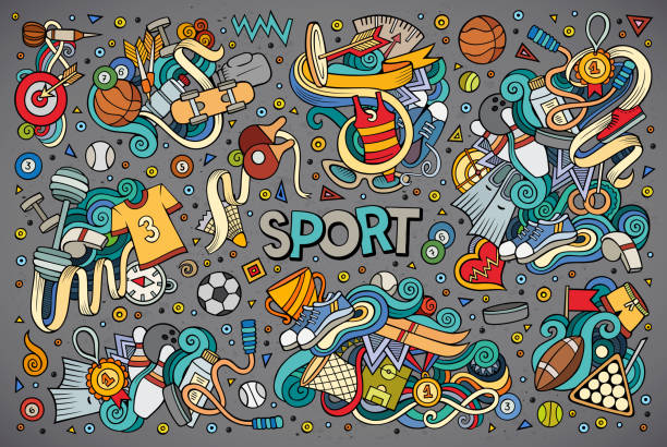 doodle cartoon-satz von sport-designs - archery target sport sport computer icon stock-grafiken, -clipart, -cartoons und -symbole