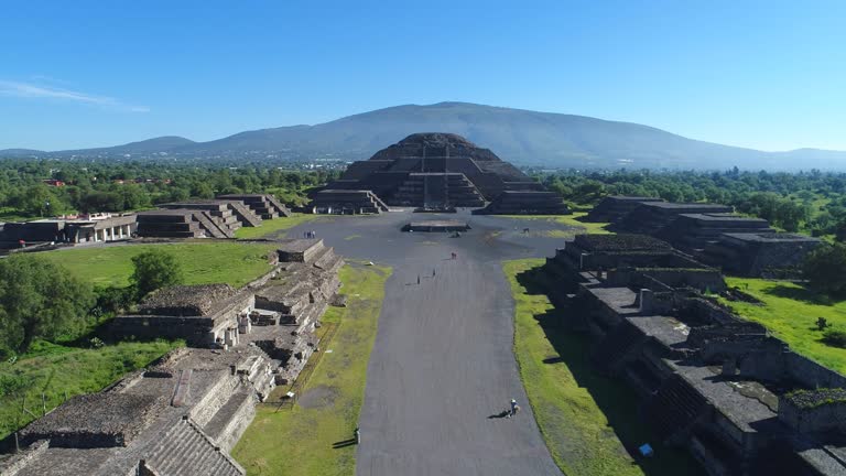 Aerial view of pyramids in ancient mesoamerican city of Teotihuacan, Pyramid of the Moon, Valley of Mexico from above, Central America, 4k UHD