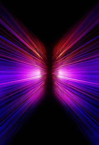 multi colour neon or fibre optic lighting in a zoom motion ideal for use as an abstract, futuristic background. The image could imply streaming of data or information.