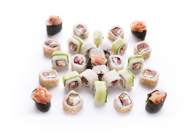 istock Set of sushi, maki and rolls isolated on white background 836605630