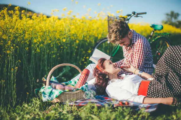 Young Couple Picnic At Sunset