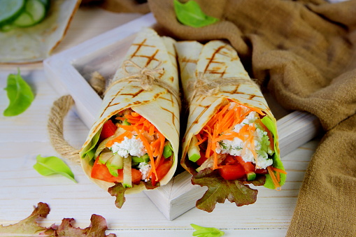 vegetarian pita roll with homemade cottage cheese and vegetables