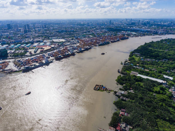 istock Top view cargo ship on Chao Phraya river and city scape. 836618868