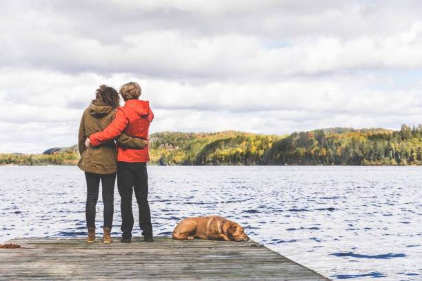 istock Couple on the dock with a dog, looking at view 836626802