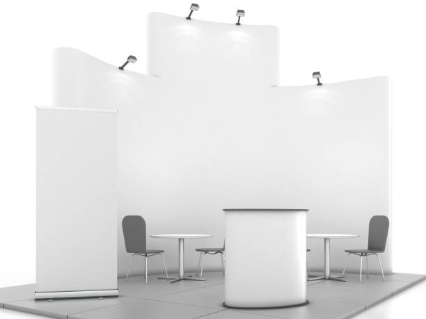 istock Blank creative exhibition stand design with color shapes. Booth template 01. 3D render 836641014