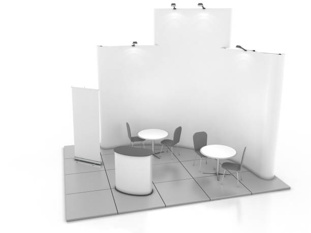istock Blank creative exhibition stand design with color shapes. Booth template 01. 3D render 836641072