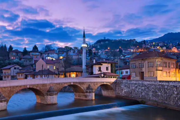Skyline of the old town at the sunrise in Sarajevo, Bosnia and Herzegovina.