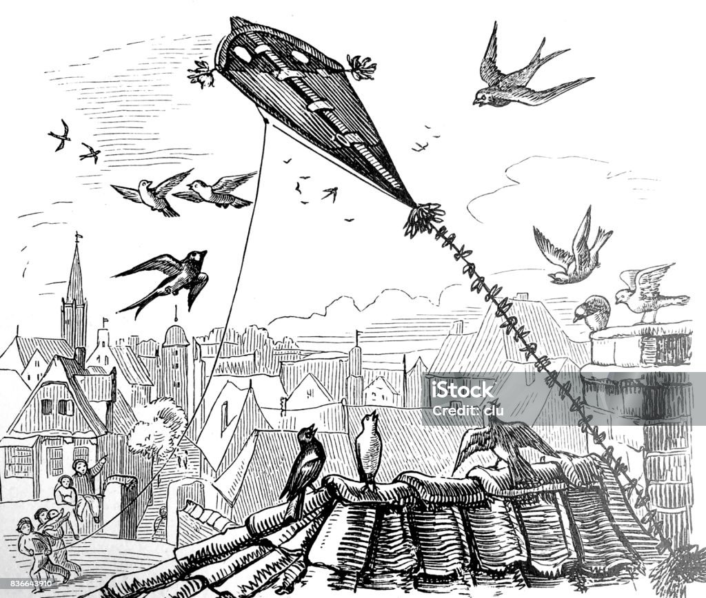 A children dragon and birds flying over the roofs Illustration from 19th century Bird stock illustration
