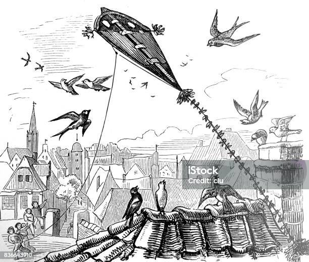 A Children Dragon And Birds Flying Over The Roofs Stock Illustration - Download Image Now - Bird, Engraved Image, Engraving