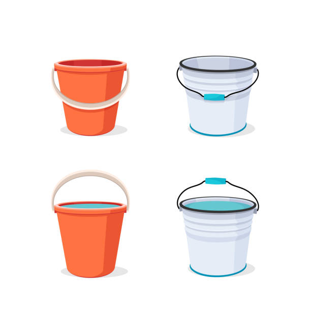 Bucket. Flat vector illustration. Buckets set. Flat vector illustration. Bucket empty and with water. bucket stock illustrations