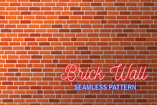 Red brick wall background. Vector illustration. Brick wall seamless pattern. For neon lights advertising background.